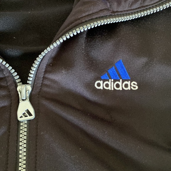 Adidas Track Jacket. Unisex. Black with blue collar, white 3 stripes. Size Large - Picture 2 of 5